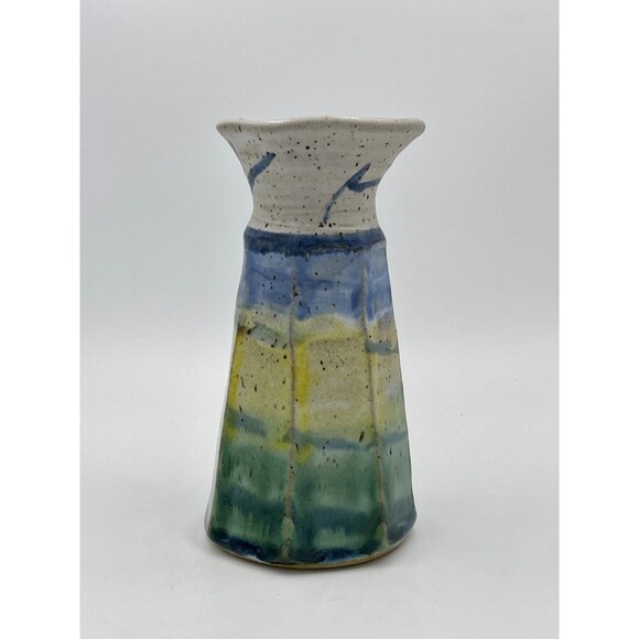Handmade Studio Art Pottery Vase Signed MEG Sunset Glaze in Green, Yellow & Blue - Picture 2 of 10